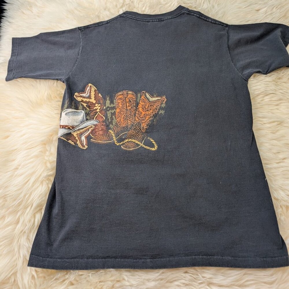Vtg Western Cowboy Boots And Hat Wrap Around Print T Single Stitch T Shirt Sz - Picture 9 of 9